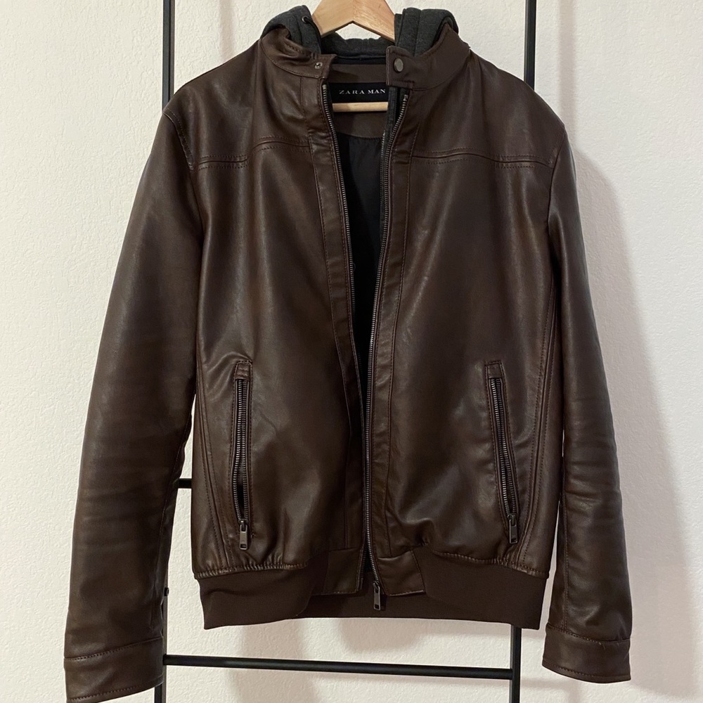 Zara Brown Leather Jacket with hood